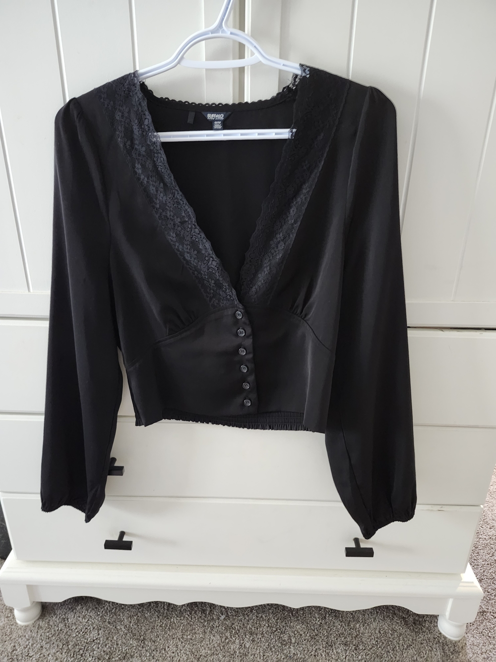 Buffalo David Bitton Black Lace-Trim Button Front Blouse